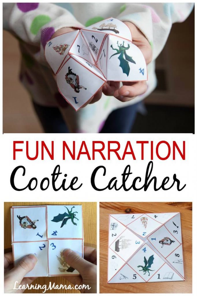 Make narration fun with the Narration Cootie Catcher! This cootie catcher (also known as a fortune teller or finger puzzle) is full of narration prompts to help your reluctant narrator! Homeschool fun! #homeschool #printable #charlottemason